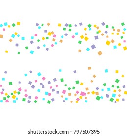 Colored confetti on white. Small multicolored squares in pink, orange, blue, green, felted and purple. Element of design. Suitable for postcards, posters, cards. Vector illustration, EPS 10.