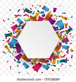 Colored confetti with paper hexagon on the checked background. Eps 10 vector file.