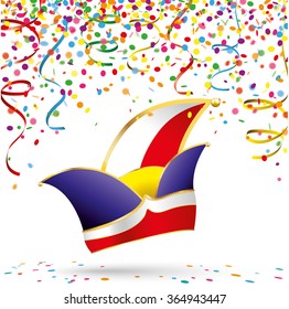 Colored confetti with paper streams and jesters cap on the white. Eps 10 vector file.