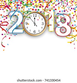 Colored confetti with ribbons, clock and date 2018 on the white. Eps 10 vector file.