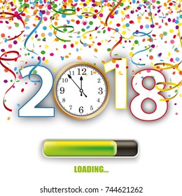 Colored confetti with ribbons, clock and date 2018 on the white. Eps 10 vector file.