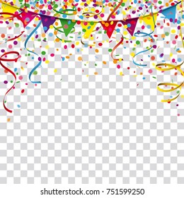 Colored confetti with ribbons and festoon on the checked background. Eps 10 vector file.