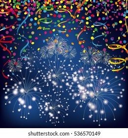 Colored confetti with ribbons and fireworks and on the white. Eps 10 vector file.