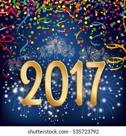 Colored confetti with ribbons, foreworks and date 2017 on the white. Eps 10 vector file.