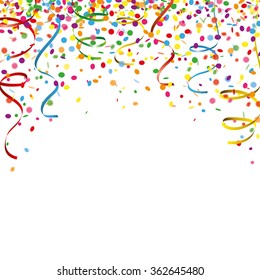 Colored confetti with ribbons on the white. Eps 10 vector file.