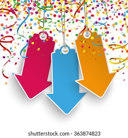 Colored confetti with ribbons and price stickers on the white. Eps 10 vector file.