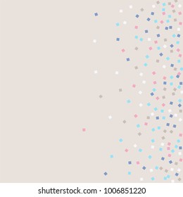 Colored confetti squares. Luxurious calm background. Small multicolored squares in pink, white and blue tones. Element of design. Suitable for postcards, posters, cards. Vector illustration, EPS 10.