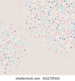 Colored confetti squares. Luxurious calm background. Small multicolored squares in pink, white and blue tones. Element of design. Suitable for postcards, posters, cards. Vector illustration, EPS 10.