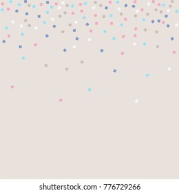 Colored confetti squares. Luxurious calm background. Small multicolored squares in pink, white and blue tones. Element of design. Suitable for postcards, posters, cards. Vector illustration, EPS 10.