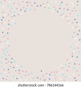 Colored confetti squares. Luxurious calm background. Small multicolored squares in pink, white and blue tones. Element of design. Suitable for postcards, posters, cards. Vector illustration, EPS 10.