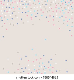 Colored confetti squares. Luxurious calm background. Small multicolored squares in pink, white and blue tones. Element of design. Suitable for postcards, posters, cards. Vector illustration, EPS 10.