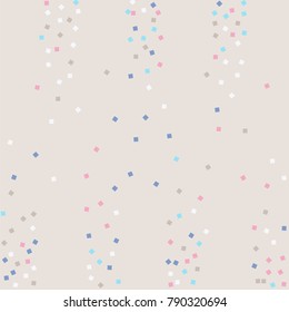 Colored confetti squares. Luxurious calm background. Small multicolored squares in pink, white and blue tones. Element of design. Suitable for postcards, posters, cards. Vector illustration, EPS 10.