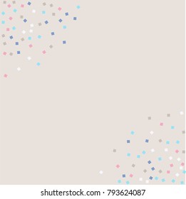 Colored confetti squares. Luxurious calm background. Small multicolored squares in pink, white and blue tones. Element of design. Suitable for postcards, posters, cards. Vector illustration, EPS 10.