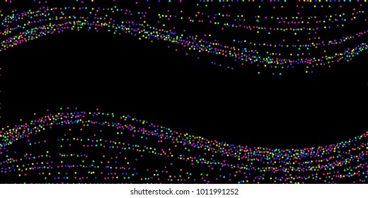 Colored confetti-points are scattered on a black background. Luxury festive background. Multicolored shiny abstract texture. Element of design. Vector illustration, EPS 10.