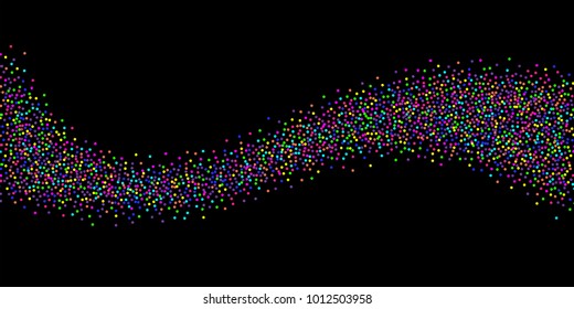 Colored confetti-points are scattered on a black background. Luxury festive background. Multicolored shiny abstract texture. Element of design. Vector illustration, EPS 10.