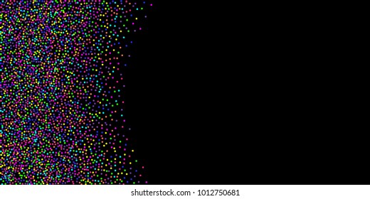 Colored confetti-points are scattered on a black background. Luxury festive background. Multicolored shiny abstract texture. Element of design. Vector illustration, EPS 10.