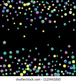 Colored confetti-points are scattered on a black background. Luxury festive background. Multicolored shiny abstract texture. Element of design. Vector illustration, EPS 10.