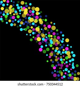 Colored confetti-points are scattered on a black background. Luxury festive background. Multicolored shiny abstract texture. Element of design. Vector illustration, EPS 10.