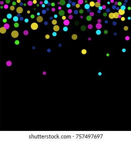 Colored confetti-points are scattered on a black background. Luxury festive background. Multicolored shiny abstract texture. Element of design. Vector illustration, EPS 10.