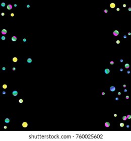 Colored confetti-points are scattered on a black background. Luxury festive background. Multicolored shiny abstract texture. Element of design. Vector illustration, EPS 10.