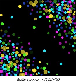 Colored confetti-points are scattered on a black background. Luxury festive background. Multicolored shiny abstract texture. Element of design. Vector illustration, EPS 10.