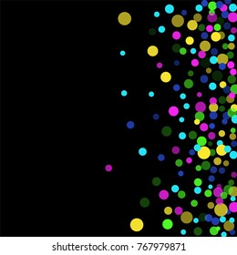 Colored confetti-points are scattered on a black background. Luxury festive background. Multicolored shiny abstract texture. Element of design. Vector illustration, EPS 10.