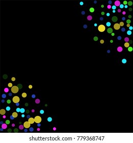 Colored confetti-points are scattered on a black background. Luxury festive background. Multicolored shiny abstract texture. Element of design. Vector illustration, EPS 10.