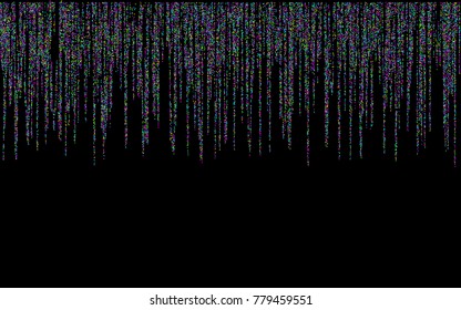 Colored confetti-points are scattered on a black background. Luxury festive background. Multicolored shiny abstract texture. Element of design. Vector illustration, EPS 10.