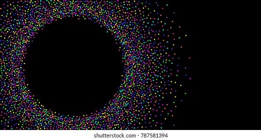 Colored confetti-points are scattered on a black background. Luxury festive background. Multicolored shiny abstract texture. Element of design. Vector illustration, EPS 10.