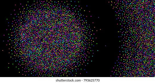 Colored confetti-points are scattered on a black background. Luxury festive background. Multicolored shiny abstract texture. Element of design. Vector illustration, EPS 10.
