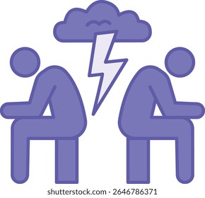 Colored Conflicts Icon. Vector Illustration. Clash of Oppositely Directed Goals, Interests, and Opinions. Two People Sitting Turned Away From Each Other, Thundercloud, Quarrel. Concept Psychology