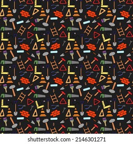 Colored construction build icons pattern. seamless doodle pattern with tools for construction. vector illustration on the theme of construction on dark background