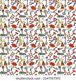 Colored construction build icons pattern. seamless doodle pattern with tools for construction. vector illustration on the theme of construction on white background