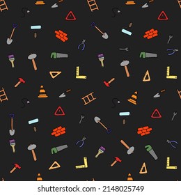 Colored construction build icons pattern. seamless doodle pattern with tools for construction. vector illustration on the theme of construction on dark background