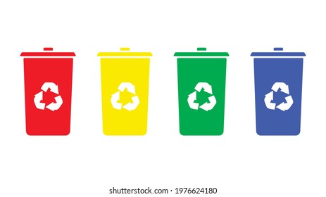 Colored containers for various garbage. Recycling of garbage items. Vector illustration.