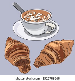 Colored continuous line drawing of cup of coffee or cappuccino with croissants. Vector illustration.