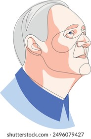 Colored continuous line drawing of senior man smiling portrait. One line vector of an old person's face. Line art of an adult man's face.
