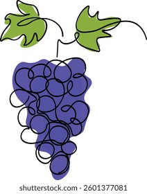 Colored Continuous Line Grape Cluster with Green Leaves