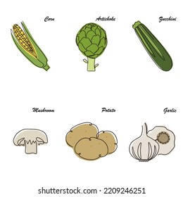 Colorido y continuo arte de una línea del conjunto de verduras sanas