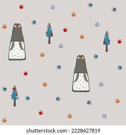 Colored continuous one line art of penguins character, trees seamless pattern