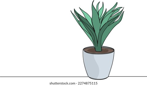 colored continuous single line drawing of potted plant, line art vector illustration