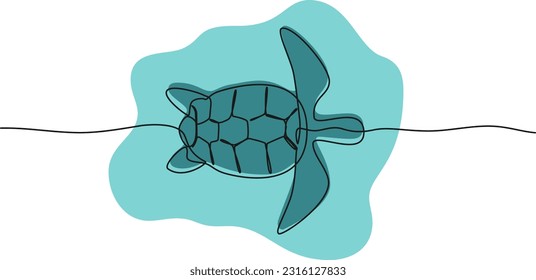 colored continuous single line drawing of turtle in water, line art vector illustration