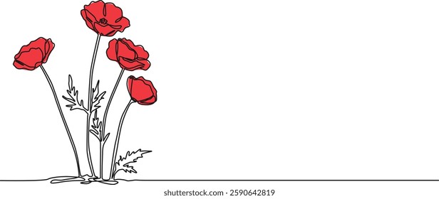 colored continuous single line drawing of poppy flowers, wildflower line art vector illustration