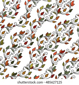 Colored contour diagonal seamless pattern on white background. Decorative twigs with leaves isolated on white background. Diagonal seamless pattern.