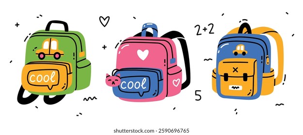 Colored Cool School Backpack with Shoulder Strap and Pocket Vector Set