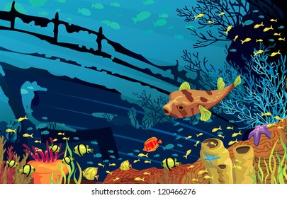 Colored coral reef with fish, puffer and silhouette of sunken ship on blue sea background