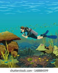 Colored coral reef with fish and scuba diver on a blue sea background