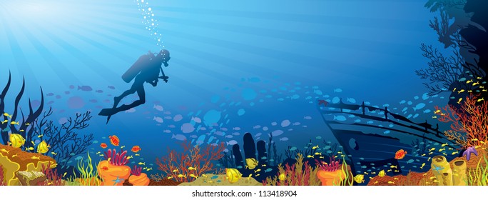 Colored coral reef with fish and silhouette of diver on blue sea background