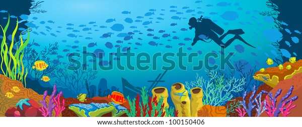 Colored coral reef with fish and silhouette of diver on blue sea background.