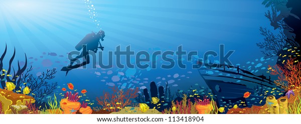 Image Vectorielle De Stock De Recif De Corail Colore Avec Poisson